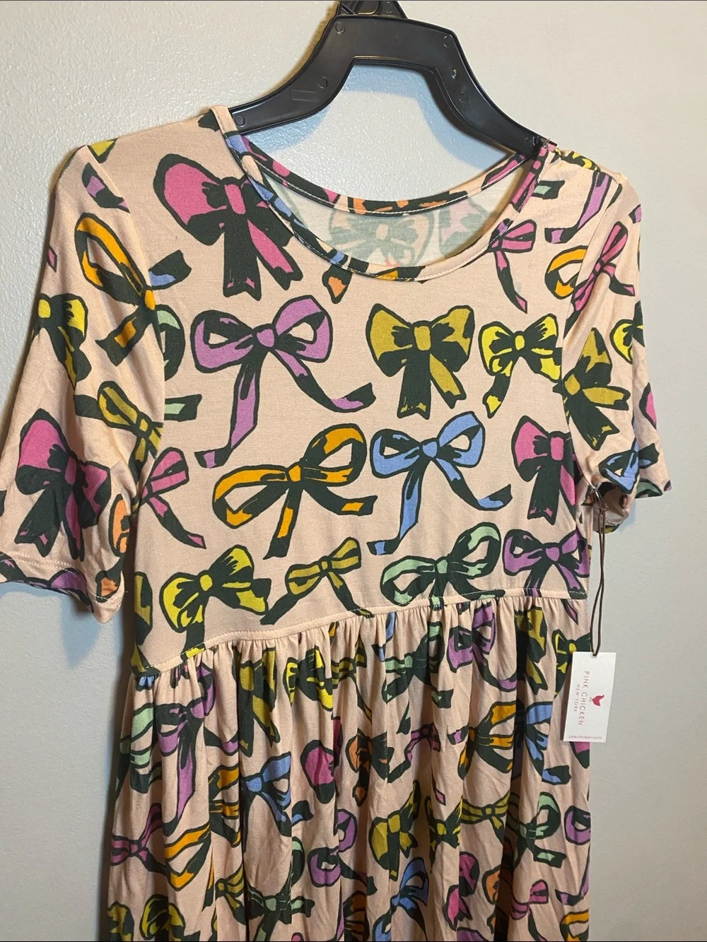 Pink Chicken Girls Bamboo Steph Dress NWT Girls 8 Pink Bows Short Sleeve Stretch